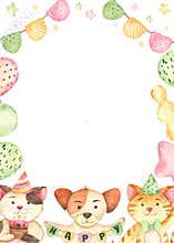 Happy birthday watercolor frame with dog, cat, balloons, star, flags