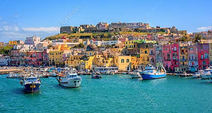 Port of Procida island in Gulf of Naples, Italy