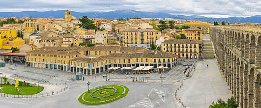 Ancient Roman aqueduct on Plaza del Azoguejo square in Segovia, Castilla y Leon, Spain