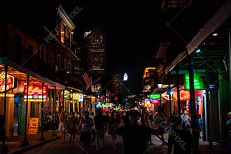 Nighttime view of Bourbon street in New Orleans