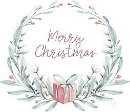 Watercolor Christmas card with wearth. Hand drawing christmas decoration. Winter holiday design. Berry wreath for