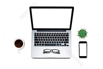 \"Top view, Flat lay style, Travel set, Working desk, computer, laptop, smart phone, coffee, mug, on pastel color background with