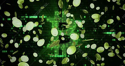 Virtual gold bitcoins symbol crypto digital currency explosion from bottom on green bitcoin symbol gradient background, new