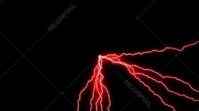Multiple lightnings striking from the middle of the screen to all edges with red glow in seamless loop