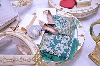 Moroccan Tyafer, traditional gift containers for the wedding ceremony, decorated with ornate golden embroidery.Moroccan henna .wed