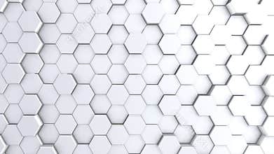 Abstract hexagon geometry background, white hexagonal pattern randomly waving, animation 3D rendering