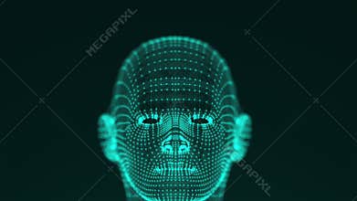 Many points and thin threads form a bright futuristic shape of the head of a person or a robot on black background
