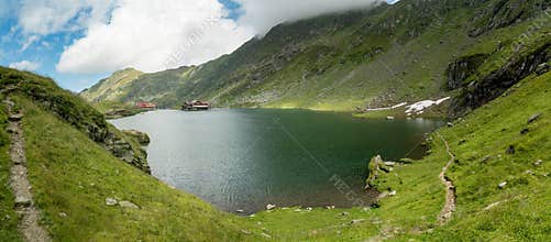 Panoramic view of a Balea glacier lake on top of Transfagarasan Road