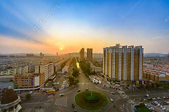 Sunrise in misty morning, Jilin cityscape scenic view, China