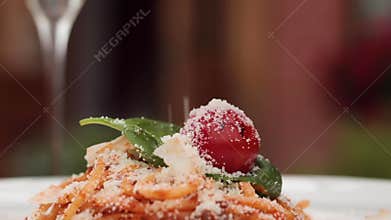 Close-up sprinkle grated tasty cheese parmesan to fresh appetizing pasta dish on plate at restaurant