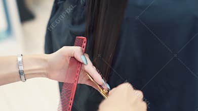 Close up of hairdresser combing woman wet hair and cutting hair with scissors