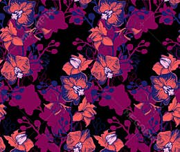 Bright floral seamless pattern with orchids hand drawn flowers.