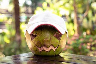 Fresh green coconut on the table. He is wearing a white baseball cap. Halloween symbols are carved on it. The face of a pumpkin.