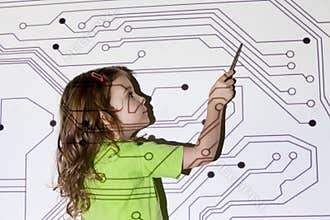 Girl shows pointer on electric scheme