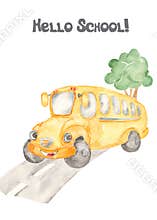 Watercolor card with cute kids school bus