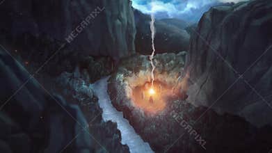 Abstract animation of the forest at night with a mystical fiew surrounded by ritual stones. Stock footage. Magic