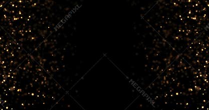 Frame of abstract circular golden sparkle glitter bokeh flowing movement on black background, congratulation greeting  party happy