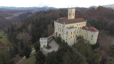 Aerial view of Trakoscan Castle, Zagorje, Zagreb, Croatia.