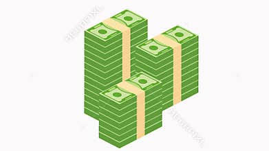 Piles of paper money grow up animation on white background.