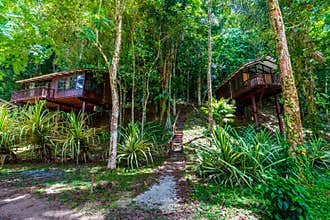 Brokopondo, Suriname - August 2019: Two Bungalows In South American Jungle.