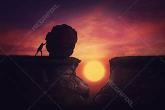 Man found solution in difficult situation, pushing a huge boulder to fill the gap obstacle. Using rock, cover the abyss hole and