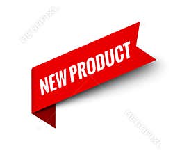 New product badge label tag. Red ribbon symbol new product sign design banner
