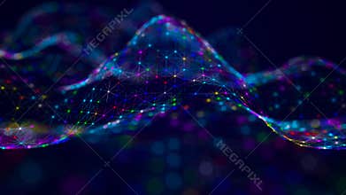 The musical stream of sounds. Abstract background with interweaving of colored dots and lines