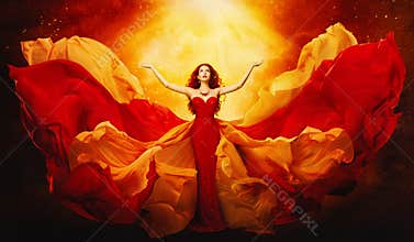 Woman in Flying Dress Raised Arms to Mystery Light, Girl in Red Gown