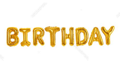 Word BIRTHDAY made of foil balloon letters on background