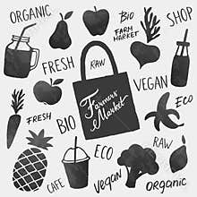 Vector healthy food icons shapes and lettering set. Fruits, vegetables and smoothies