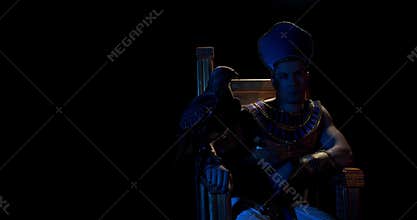 Egyptian pharaoh is lifting his arm and sending a hawk, flying away, 4k