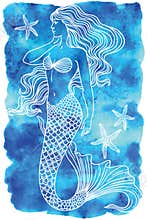 Mermaid outline vector illustration on watercolor background
