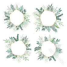 Watercolor illustration. Summer tropical labels. Tropical palm leaves monstera, areca, fan, banana. Perfect for wedding