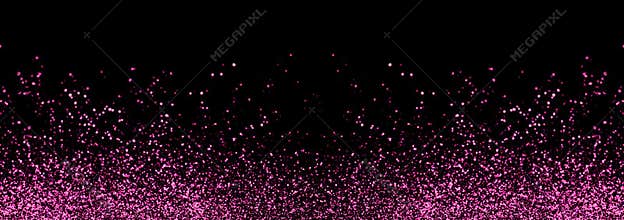 Abstract pink defocused glitter holiday panorama background on black. Falling shiny sparkles. New year Christmas glowing backdrop.