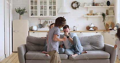 Frustrated stressed parents feel tired annoyed about active kids