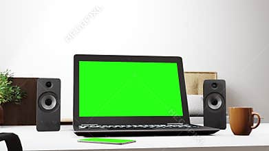 3D visualization laptop and coffee