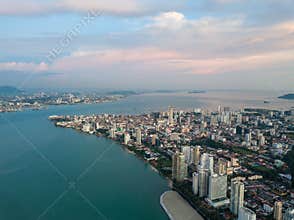 Aerial view Gurney Drive to Georgetown in evening. Background is Penang Bridge.