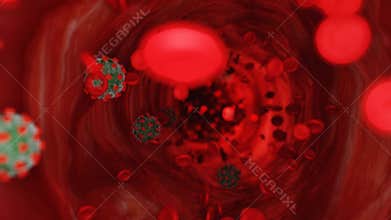 Viruses, Virus Cells under microscope, floating in blood. Pathogens outbreak bacterium and virus, disease causing microorganisms.