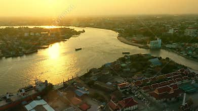 Aerial view of Mahachai-Tha Chalom Town in Samuth sakorn outskirt Bangkok Thailand