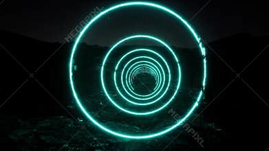 Neon circles tunnel rain. Futuristic landscape