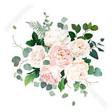 Dusty pink blush, white and creamy rose flowers vector design wedding bouquet