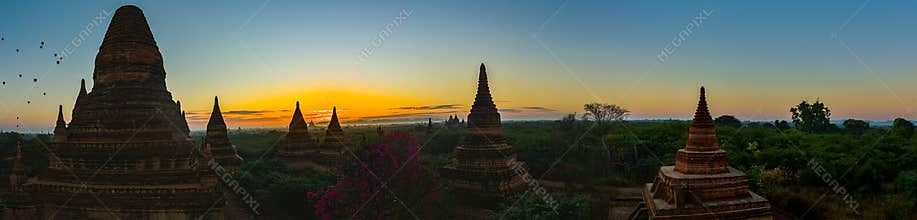 Bagan Panorama Beautiful Pagodas and hot air Balloons at Sunrise Myanmar Asia