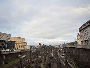 Panorama of the entrance to Main hall of Prague main train station, Praha Hlavni Nadrazi, with platforms, rails