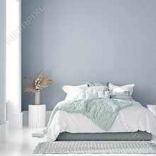 Home interior mock-up with bed, table and bouquet in bedroom