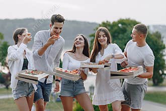 Picnic friends with pizza and drinks, sunny day, sunset, company, fun, couples and mom with baby