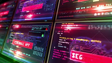 Cyber attack and breaks computer security on screens