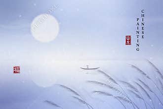Chinese ink painting art background plant elegant landscape view of tranquil full moon night by the lake and reed. Chinese