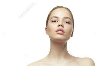 Cute girl model posing after a cosmetic skin rejuvenation procedure. advertising poster of natural cosmetic products.
