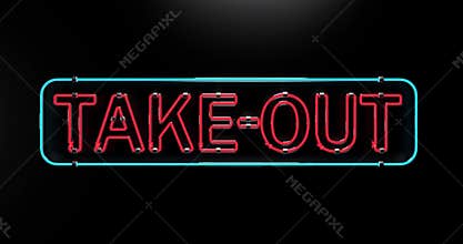 Take-out neon sign flickering. Support small business take out service delivery, service pickup and order online, 4K.