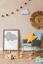 Playroom for kids with cute toys and mockup poster frame in Scandinavian style.